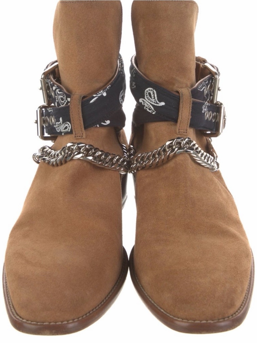 AMIRI Brown Suede Ankle Boots with Silver Chain and Black Bandana Wrap